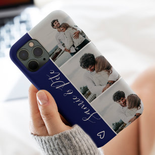 Modern blue couple names 3 photos collage grid iPhone 13 case