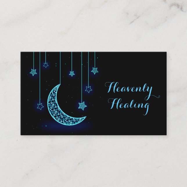 Modern Blue Crescent Moon and Stars Business Card (Front)