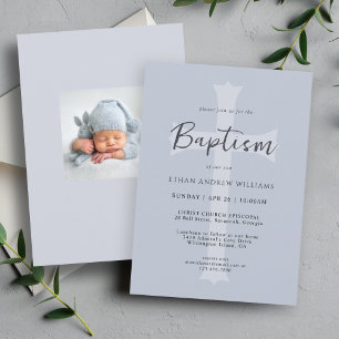 Modern Blue Cross Baby Baptism with Photo Invitation