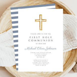Modern Blue Cross Boy First Communion Invitation