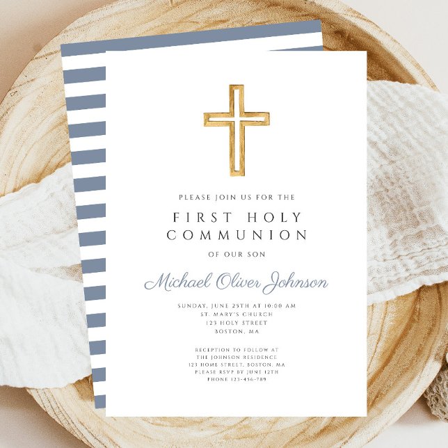 Modern Blue Cross Boy First Communion Invitation (Modern Blue Cross Boy First Communion Invitation)
