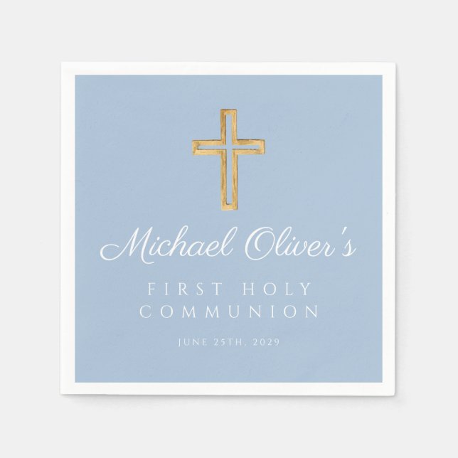 Modern Blue Cross Boy First Communion  Napkin (Front)