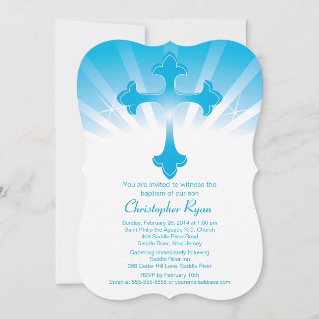 Modern Blue Cross Boy Holy Baptism Invitation (Front)
