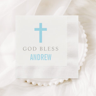 Modern Blue Cross God Bless Baby Boy Baptism Napkin