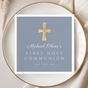 Modern Blue Cross Religious Boy First Communion Napkin