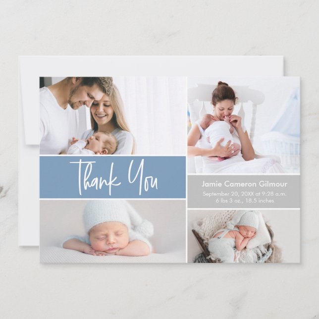 Modern Blue Custom Photo Collage Baby Boy Shower  Thank You Card (Front)