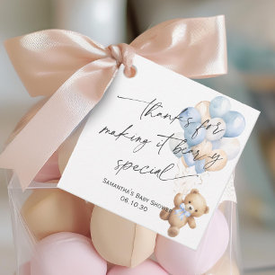 Modern Blue Cute Teddy Bear with Balloons Shower Favour Tags