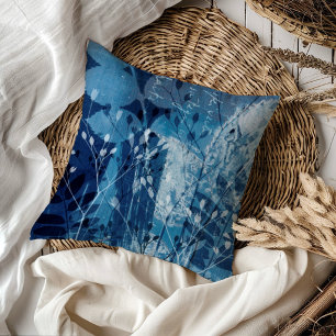 Modern Blue Cyanotype Botancial Foliage  Cushion