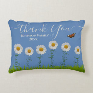 Modern Blue Daisy Floral Thank You Typography Decorative Cushion