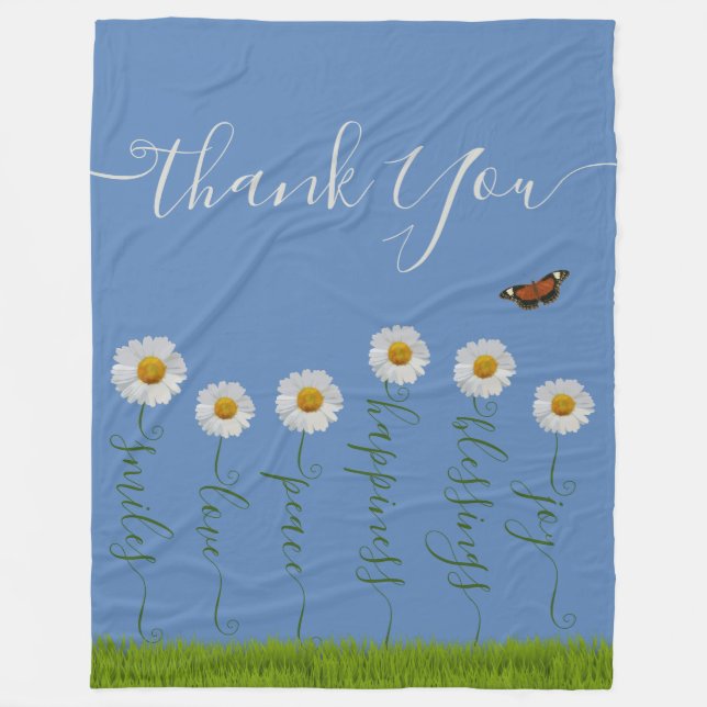 Modern Blue Daisy Floral Thank You Typography  Fleece Blanket (Front)