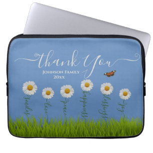 Modern Blue Daisy Floral Thank You Typography Laptop Sleeve