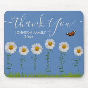 Modern Blue Daisy Floral Thank You Typography  Mouse Pad
