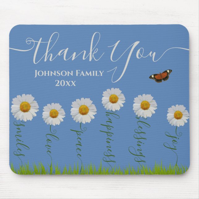 Modern Blue Daisy Floral Thank You Typography  Mouse Pad (Front)