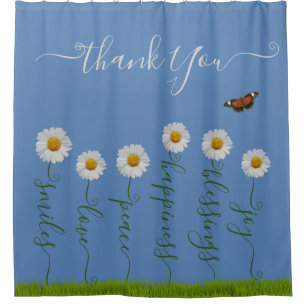 Modern Blue Daisy Floral Thank You Typography Shower Curtain