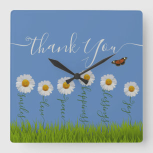 Modern Blue Daisy Floral Thank You Typography  Square Wall Clock
