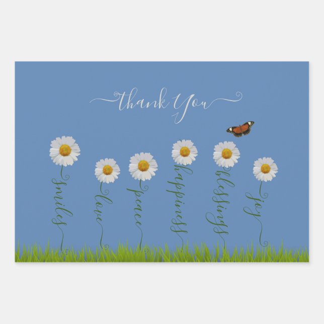 Modern Blue Daisy Floral Thank You Typography  Wrapping Paper Sheet (Front)