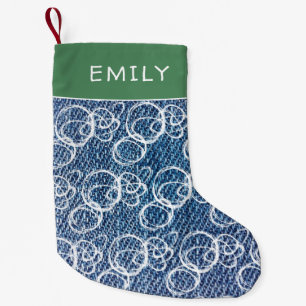 Modern Blue Denim Jean Abstract White Pattern Name Small Christmas Stocking