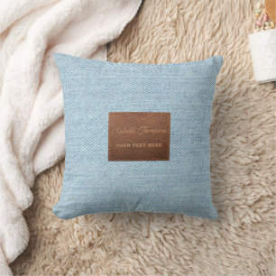 Modern Blue Denim Jeans Texture Leather Patch Cushion