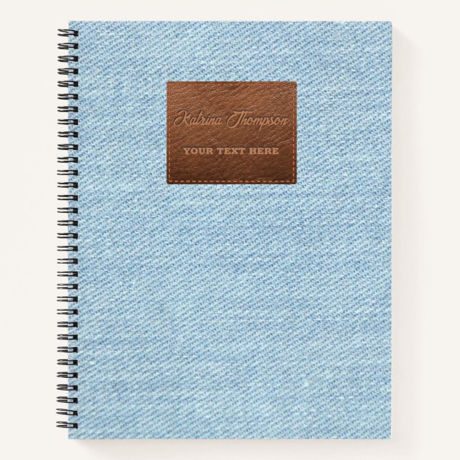 Modern Blue Denim Jeans Texture Leather Patch Notebook (Front)