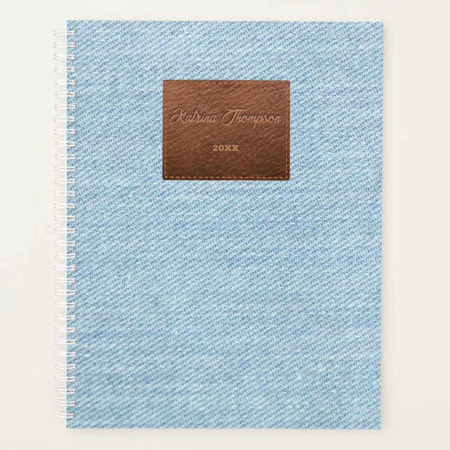 Modern Blue Denim Jeans Texture Leather Patch Planner (Front)