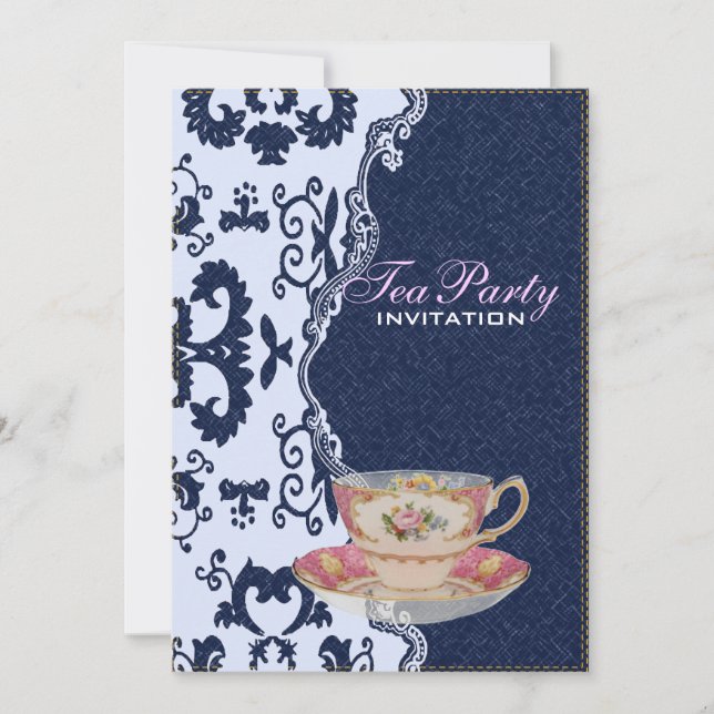 modern blue denim lace Floral country Tea Party Invitation (Front)
