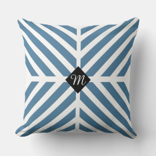 Modern Blue Diagonal Stripes Monogram Initial Cushion