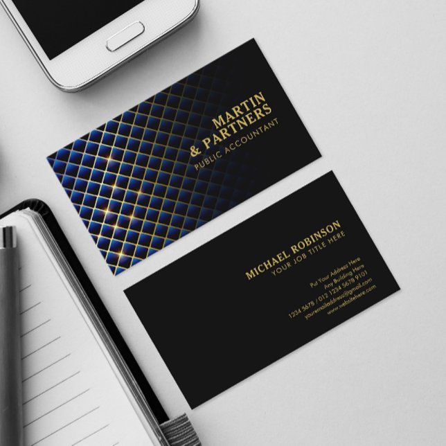 Modern Blue Diamond Pattern Gold Lines | Black Business Card (Creator Uploaded)