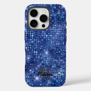 Modern Blue Diamond Studded Pattern Monogram  iPhone 16 Pro Case