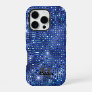 Modern Blue Diamond Studded Pattern Monogram iPhone 16 Pro Case