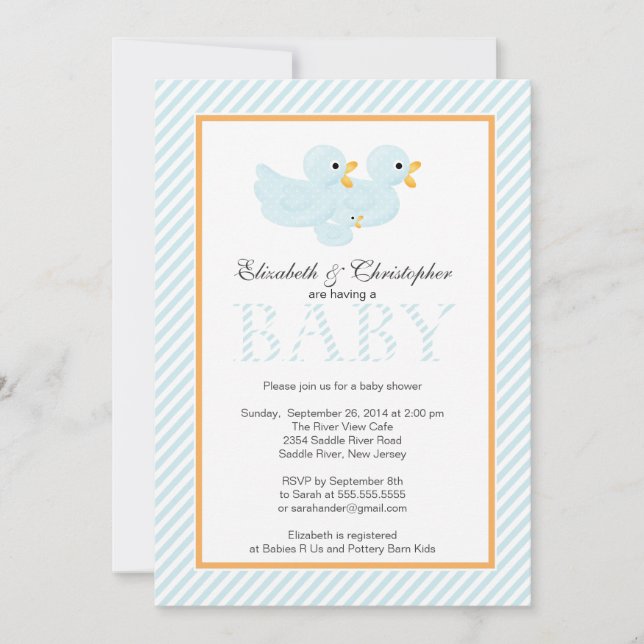 Modern Blue Ducks Couple Boy Baby Shower Invitation (Front)