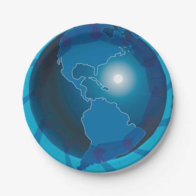 Modern Blue Earth Globe World Map Paper Plate (Front)
