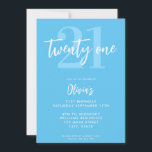 Modern Blue Elegant 21st Birthday Invitation<br><div class="desc">A simple modern 21st birthday invitation featuring elegant calligraphy script typography and minimalist design in blue and white colour.</div>