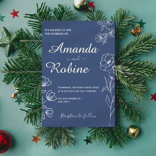Modern Blue Elegant Flower Wedding  Invitation