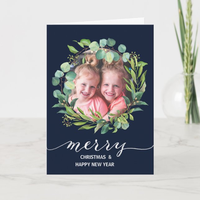 Modern Blue Elegant Script Eucalyptus Foliage Holiday Card (Front)