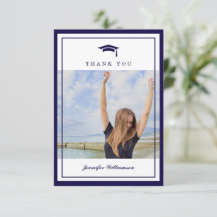 Modern Blue Elegant Script Graduation Photo Thank You Card