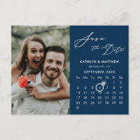 Modern Blue Elegant Script Photo Save the Date