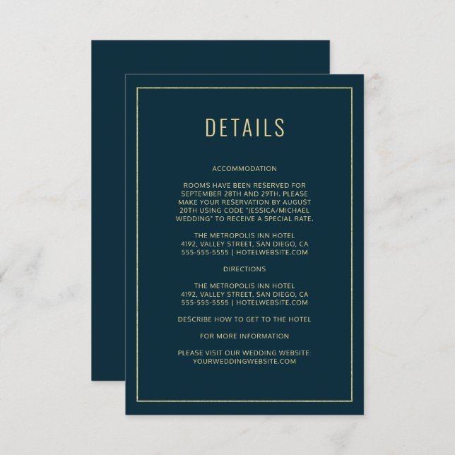 Modern Blue Elegant Simple Wedding Details Card (Front/Back)