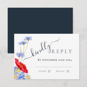 Modern Blue Elegant Summer Floral Wedding RSVP Card