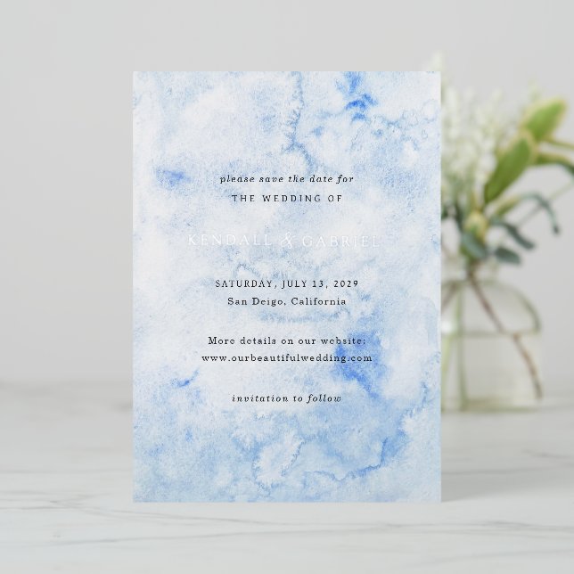 Modern Blue Elegant Wedding Save the Date (Standing Front)