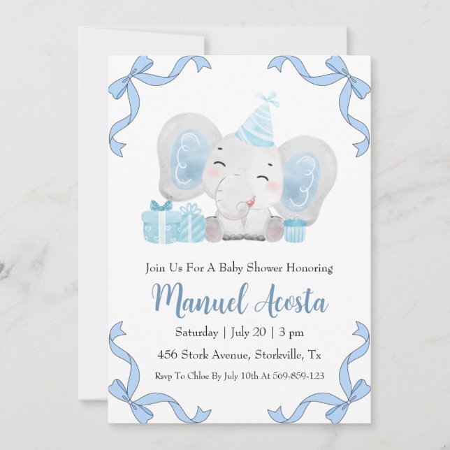 modern blue elephant baby shower invitations (Front)