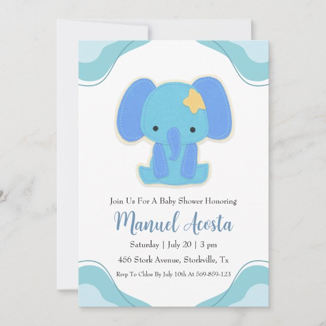 modern blue elephant baby shower invitations (Front)
