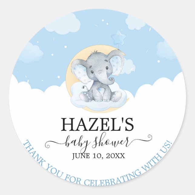 Modern Blue Elephant Boy Baby Shower Thank You Classic Round Sticker (Front)