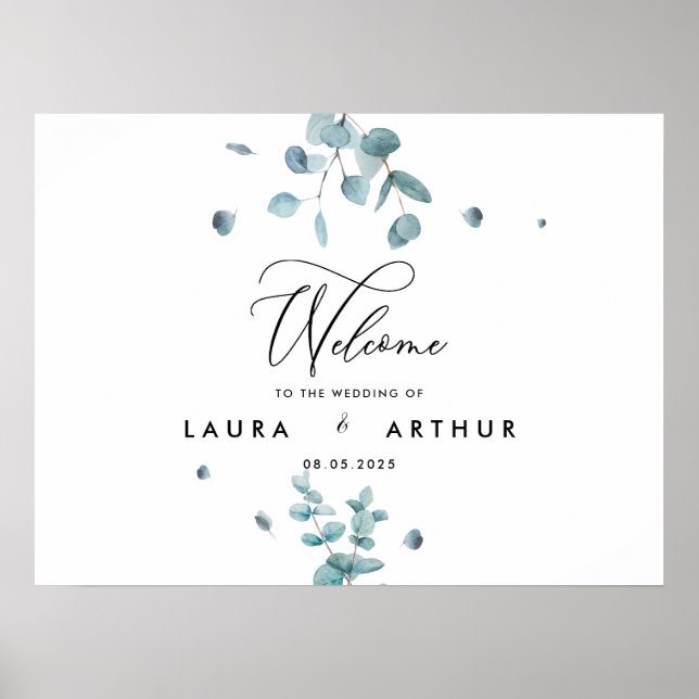Modern Blue Eucalyptus Wedding Poster/Signage Poster (Front)