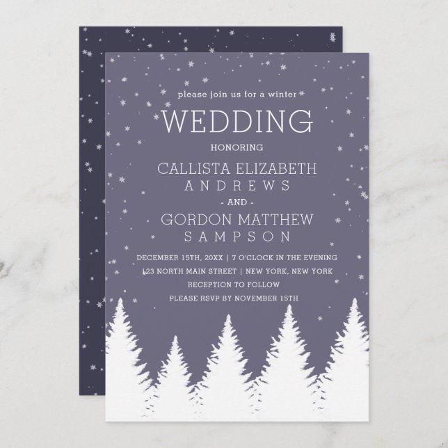 Modern Blue Falling Snow Winter Trees Wedding Invitation (Front/Back)