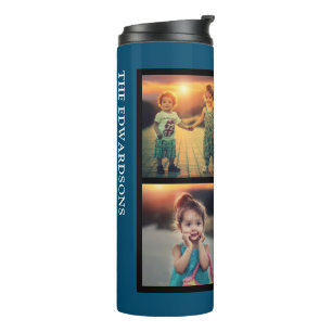 Modern blue family 4 photo collage family name thermal tumbler