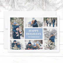 Modern Blue Family 8 Photo Collage Christmas Card