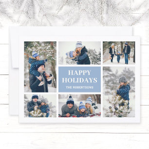 Modern Blue Family 8 Photo Collage Christmas Card