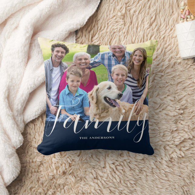 Modern Blue Family Photo Name Cushion (Blanket)