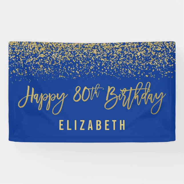 Modern Blue Faux Gold Glitter 80th Birthday Banner (Horizontal)