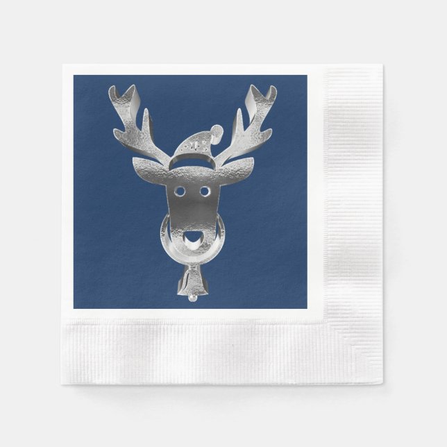 Modern Blue Faux Silver Grey Reindeer Christmas Napkin (Front)